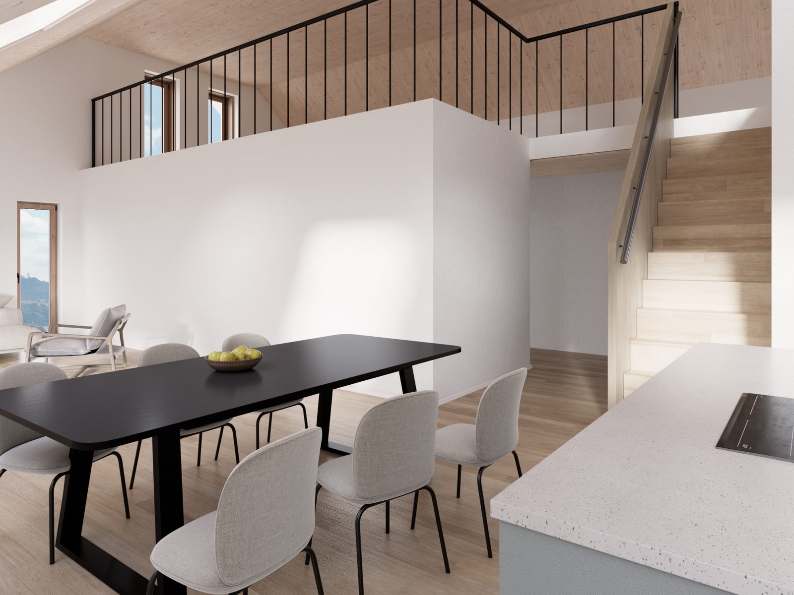 Visualisierung Essbereich mit Galerie und Treppe