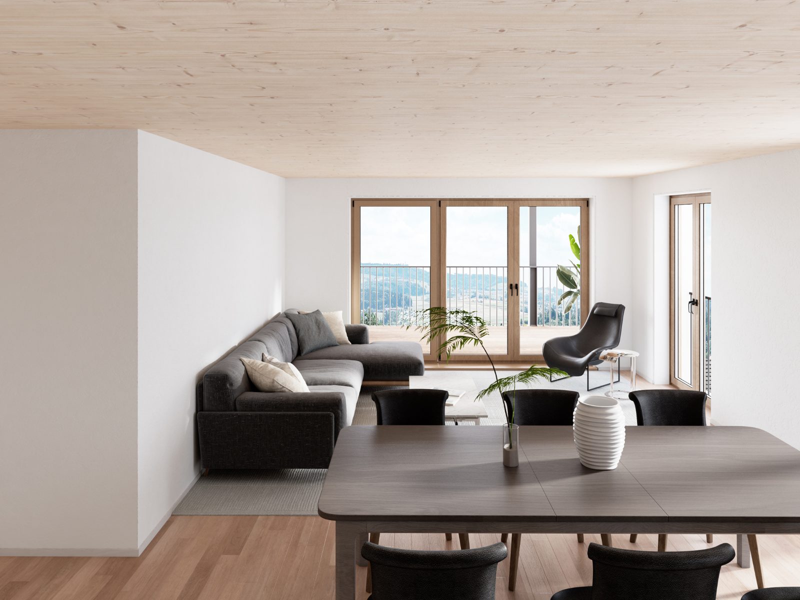 Visualisierung Wohn- und Essbereich mit Balkon und Ausblick